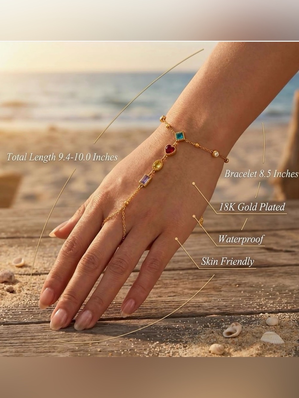 Gold Multicolor Gemstone Hand Chain Bracelet - Women Jewelry - Picture 3 of 7
